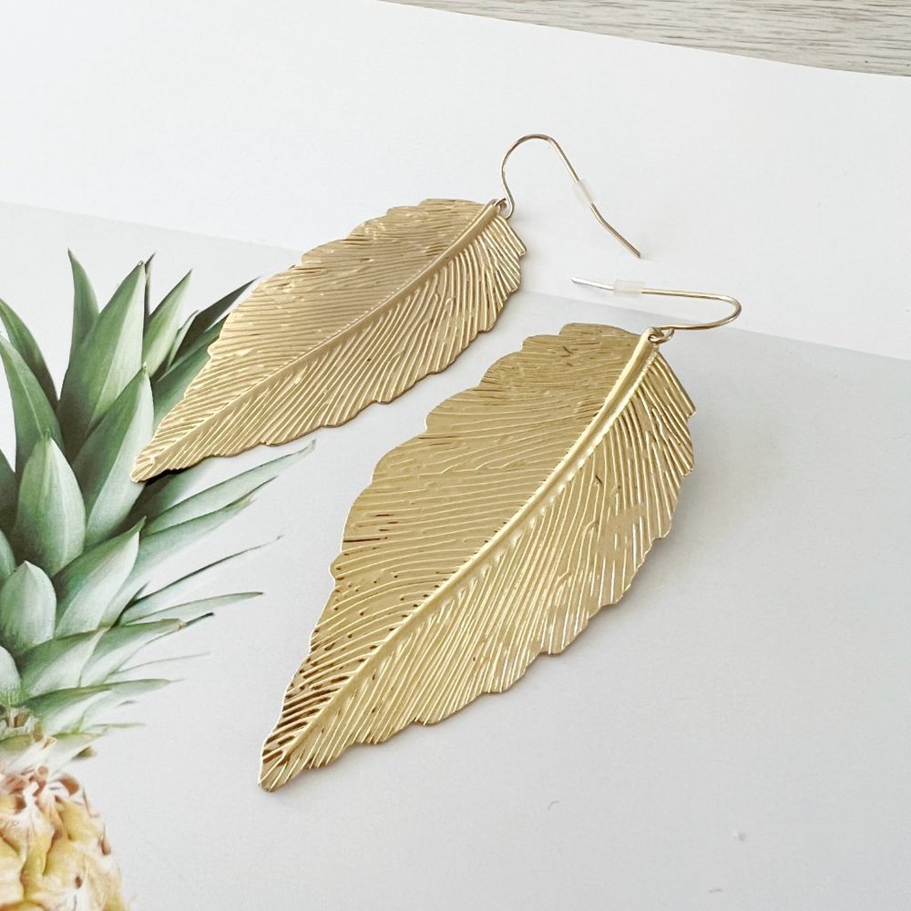 Gold Leaf French Hook Drop Earrings - Picture 3 of 4